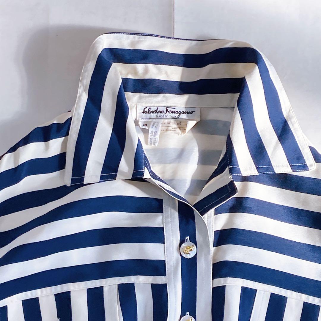 美品 フェラガモ シルク100 シャツワンピース ロゴボタン グログランリボン