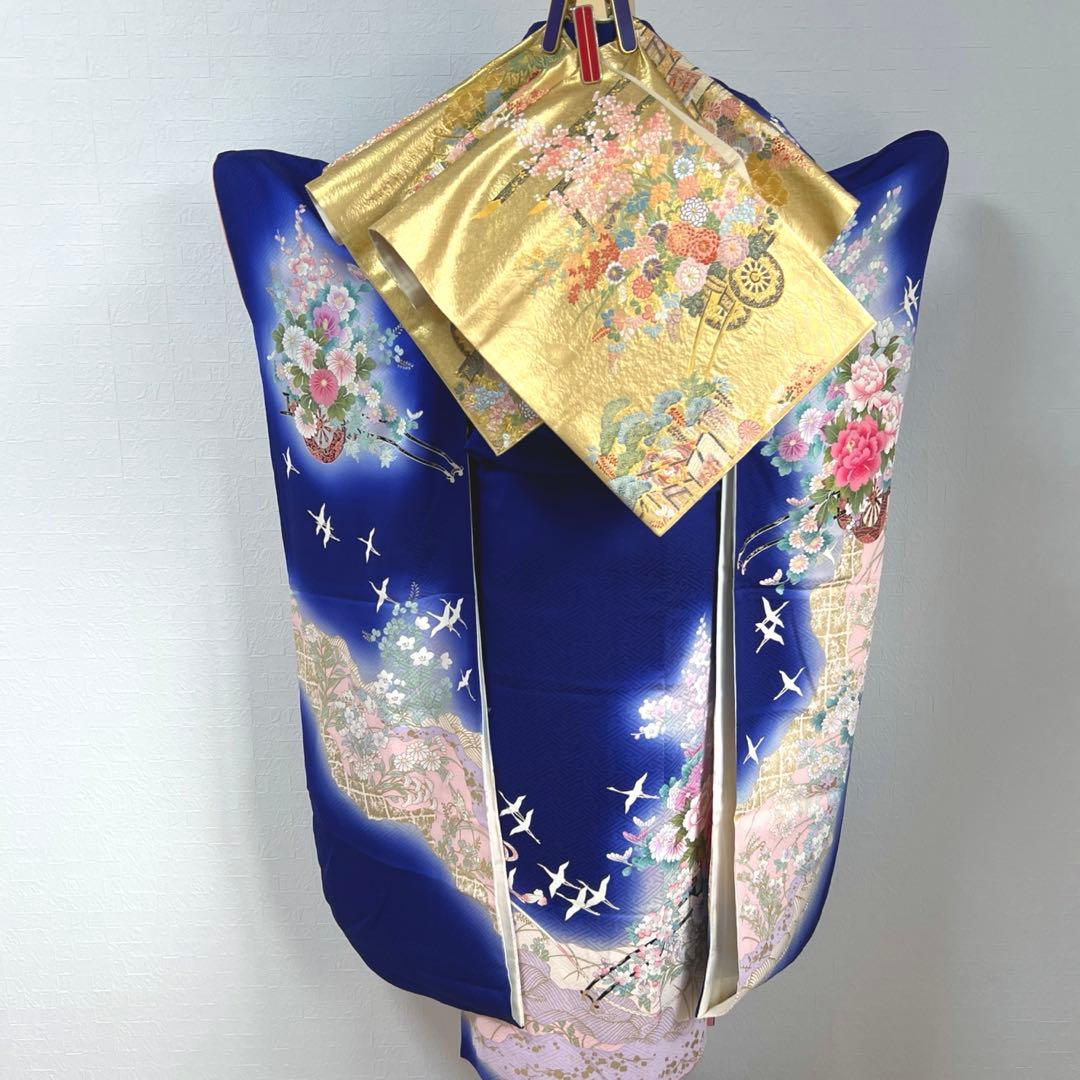 467 振袖フルセット 正絹 濃青 ブルー やまと誂え 金彩 暈し染め 華やか