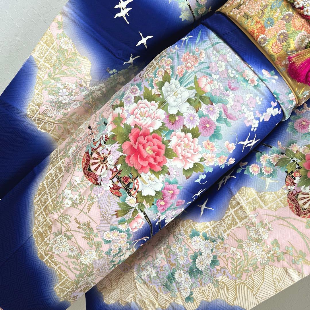 467 振袖フルセット 正絹 濃青 ブルー やまと誂え 金彩 暈し染め 華やか