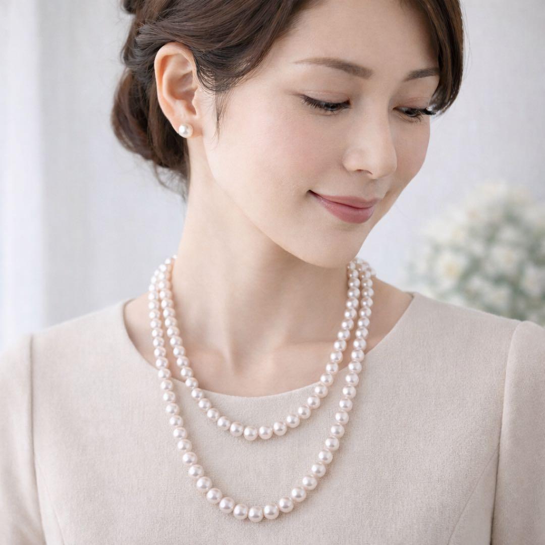 百貨店購入✨干渉色◎ あこや真珠パールロングネックレス 2連3連　120cm