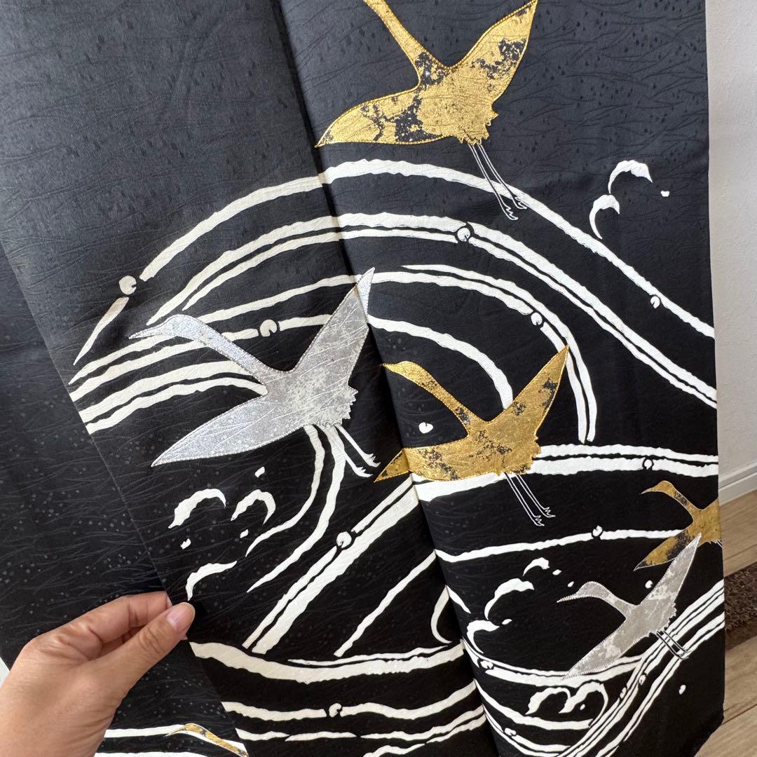 超美品　訪問着　袷　正絹　着物　黒　刺繍　金　銀　161裄63 現代　鶴