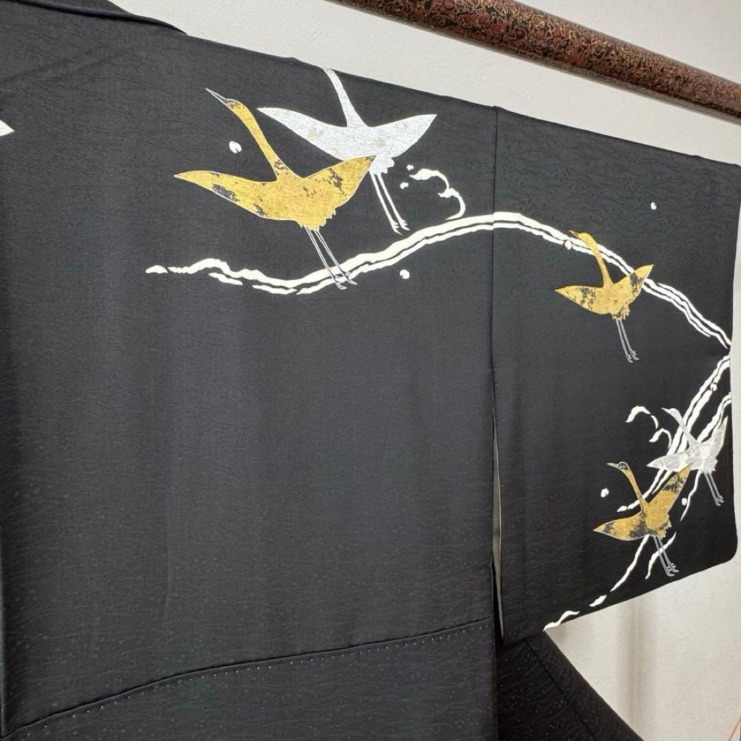 超美品　訪問着　袷　正絹　着物　黒　刺繍　金　銀　161裄63 現代　鶴