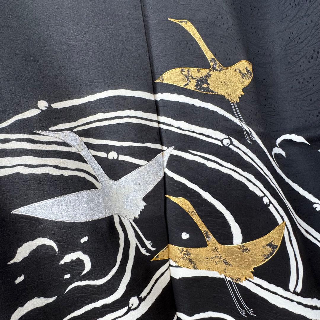 超美品　訪問着　袷　正絹　着物　黒　刺繍　金　銀　161裄63 現代　鶴