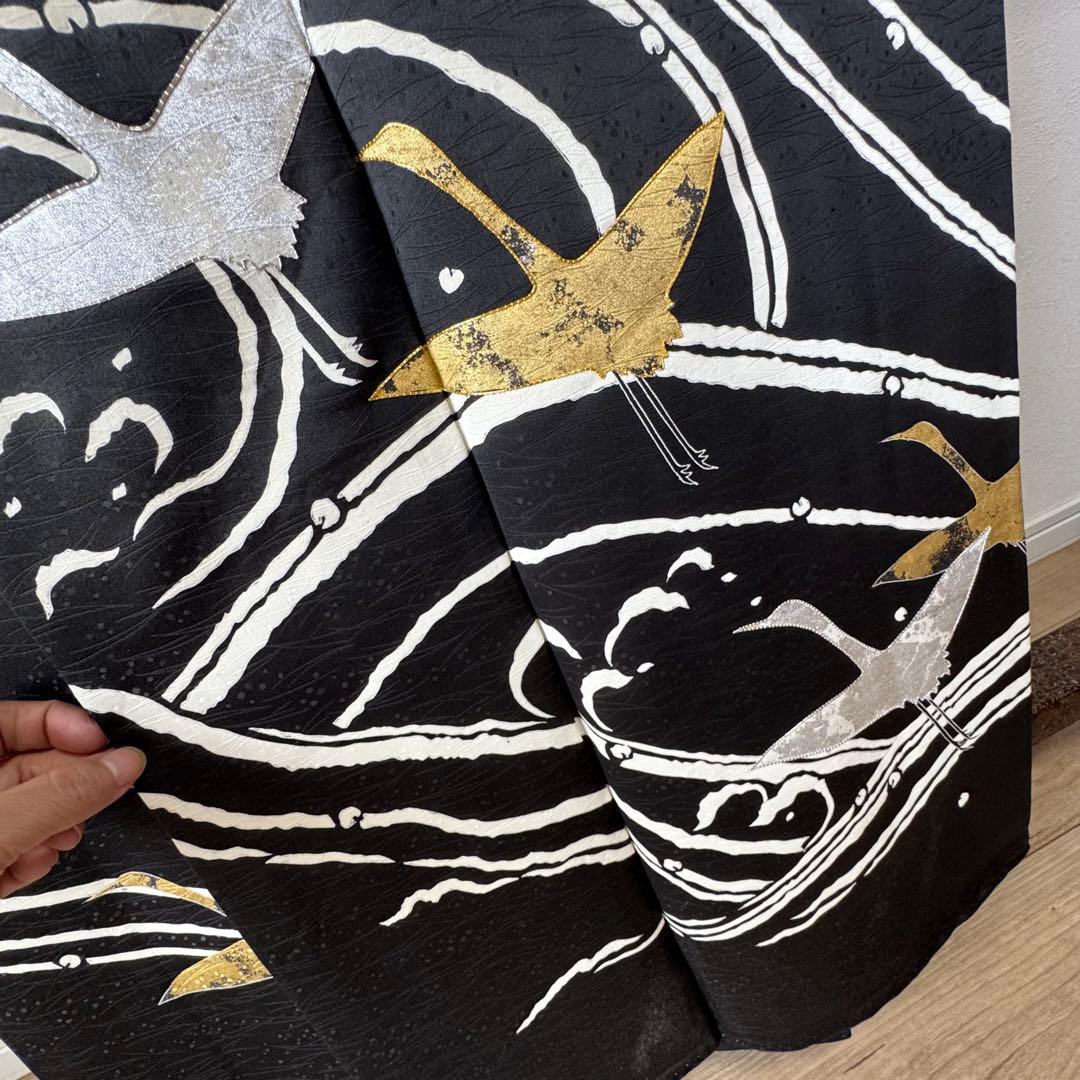 超美品　訪問着　袷　正絹　着物　黒　刺繍　金　銀　161裄63 現代　鶴