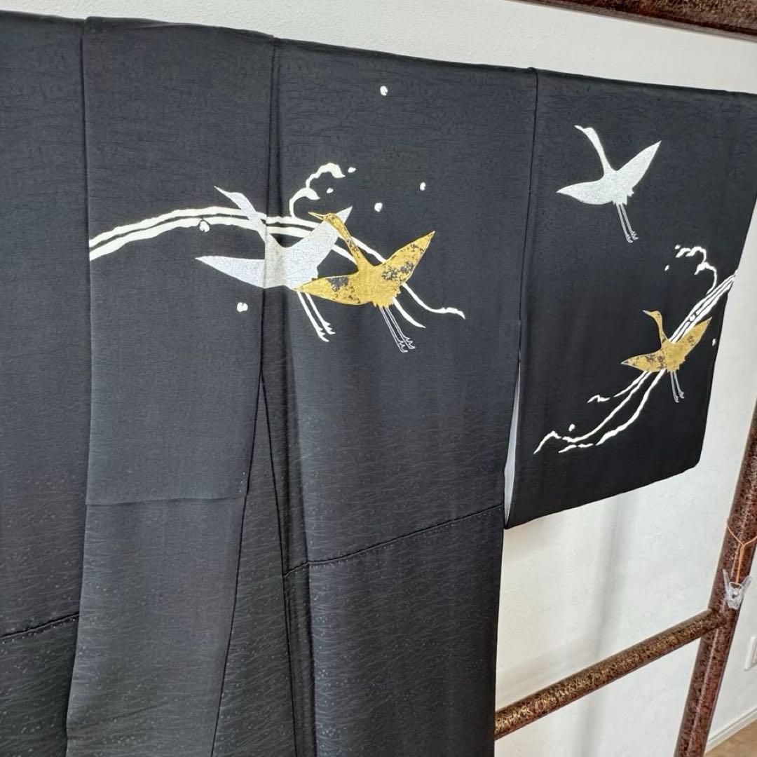 超美品　訪問着　袷　正絹　着物　黒　刺繍　金　銀　161裄63 現代　鶴
