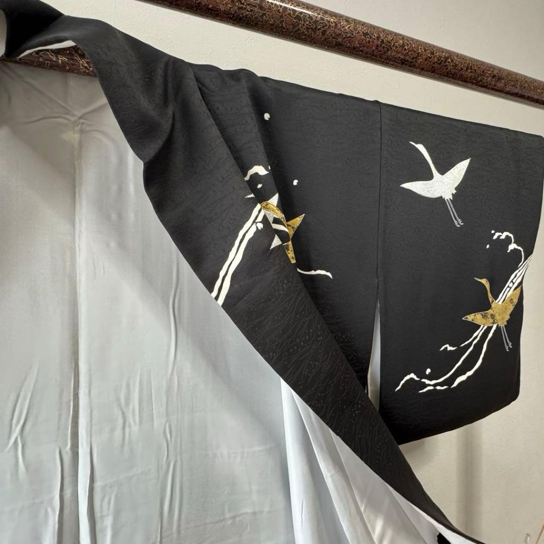 超美品　訪問着　袷　正絹　着物　黒　刺繍　金　銀　161裄63 現代　鶴