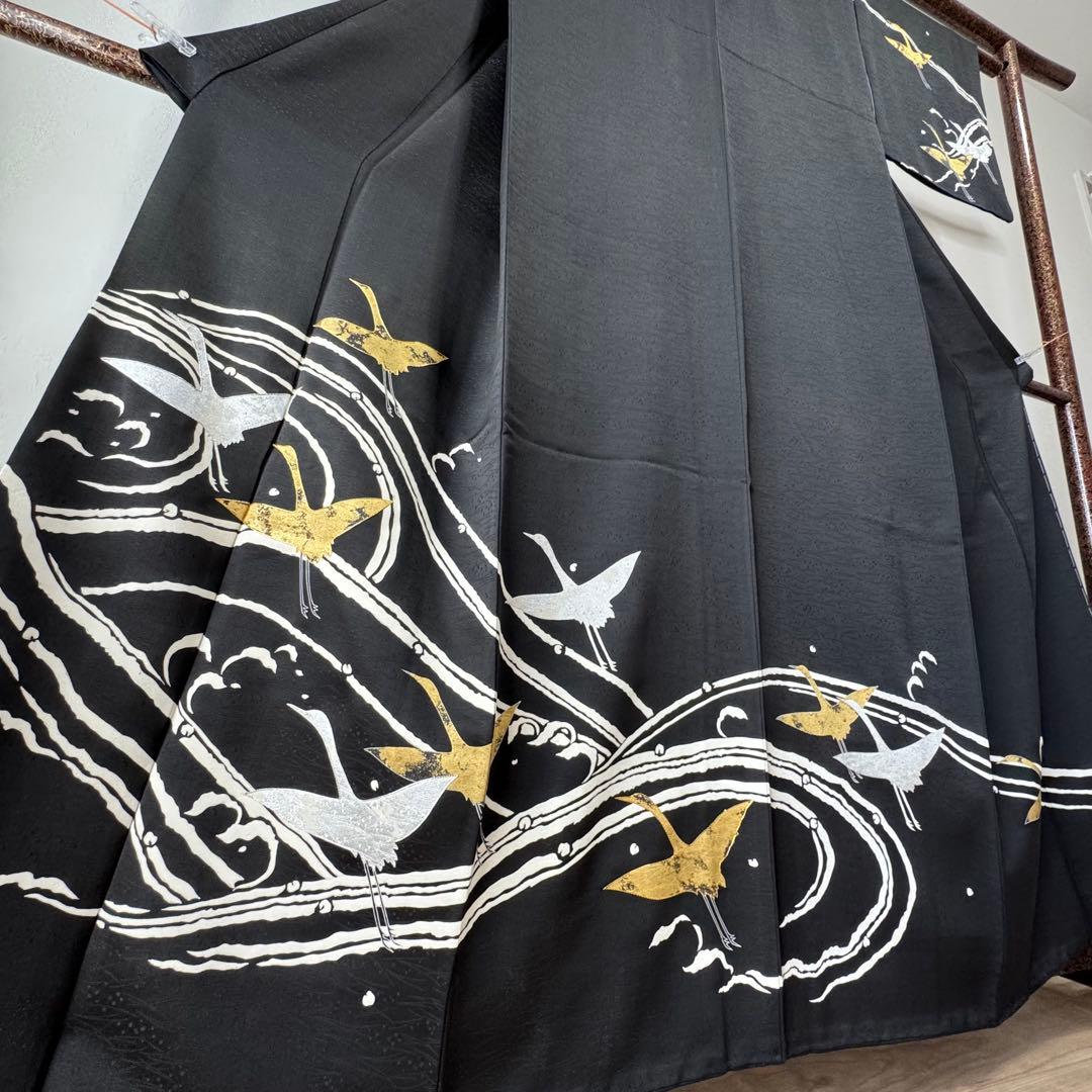 超美品　訪問着　袷　正絹　着物　黒　刺繍　金　銀　161裄63 現代　鶴