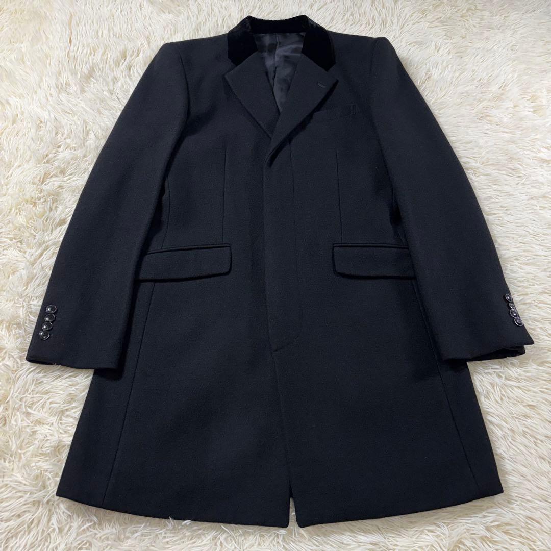 タケオキクチ チェスターコート ベロア襟 カシミヤ混 L相当 ブラック