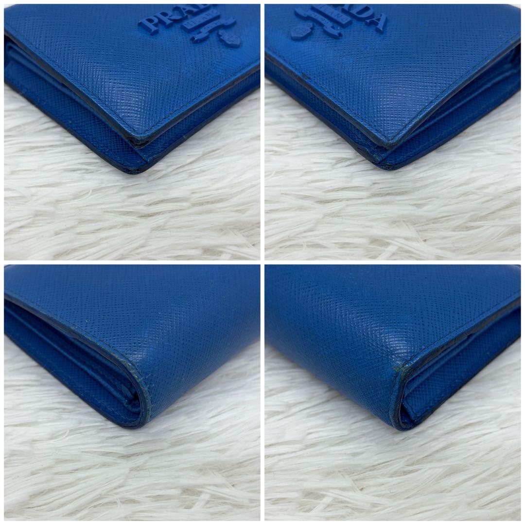 付属品完備/極美品✨ プラダ 折り財布 シャイン サフィアーノ レザー 青