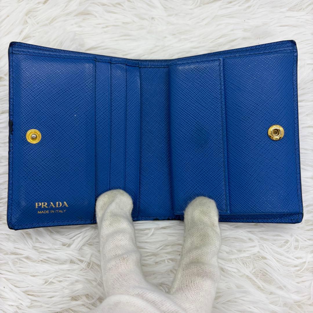 付属品完備/極美品✨ プラダ 折り財布 シャイン サフィアーノ レザー 青