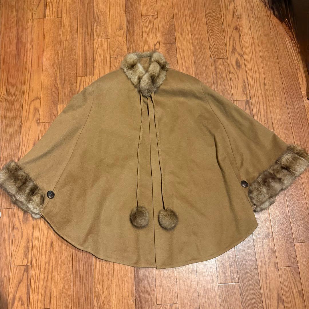 d*3様 美品 カシミア100% ファーポンチョ キャメル系