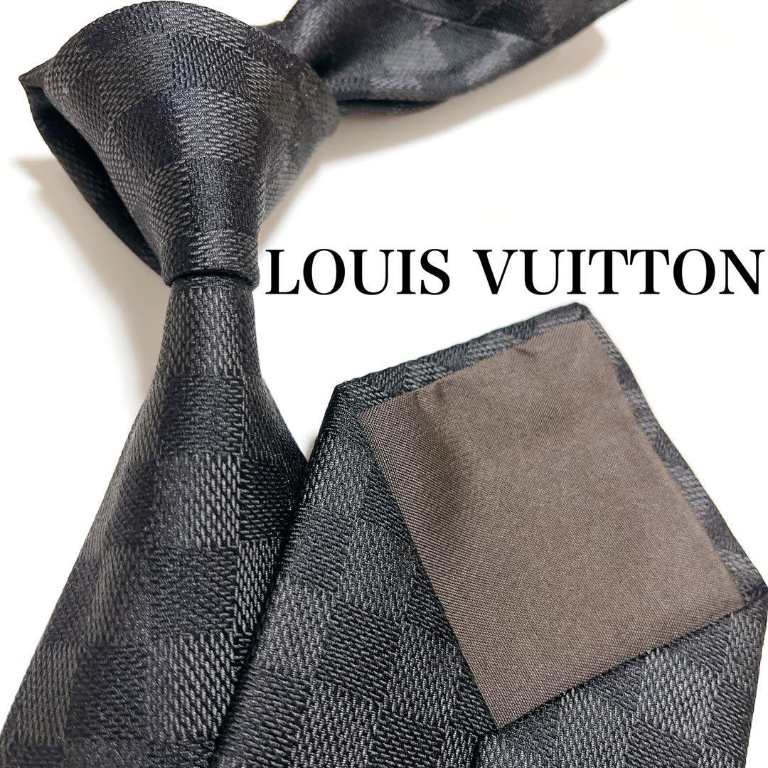 美品 ルイヴィトン ネクタイ ハイブランド ダミエ柄 ロゴグラム 光沢 希少 黒