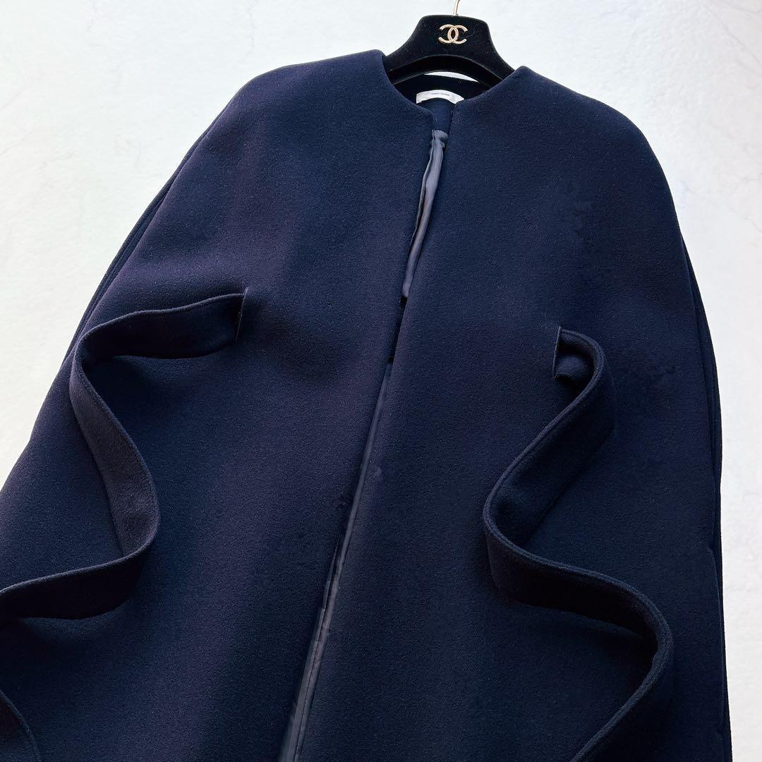 【YOKOCHAN】スカラップ　ロングジレコート　ケープ　ポンチョ　ネイビー