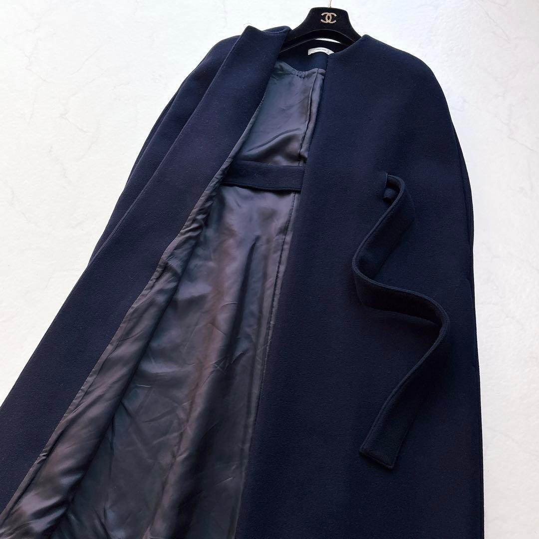 【YOKOCHAN】スカラップ　ロングジレコート　ケープ　ポンチョ　ネイビー