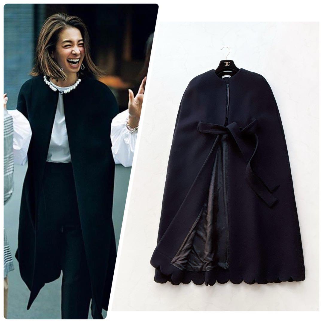 【YOKOCHAN】スカラップ　ロングジレコート　ケープ　ポンチョ　ネイビー