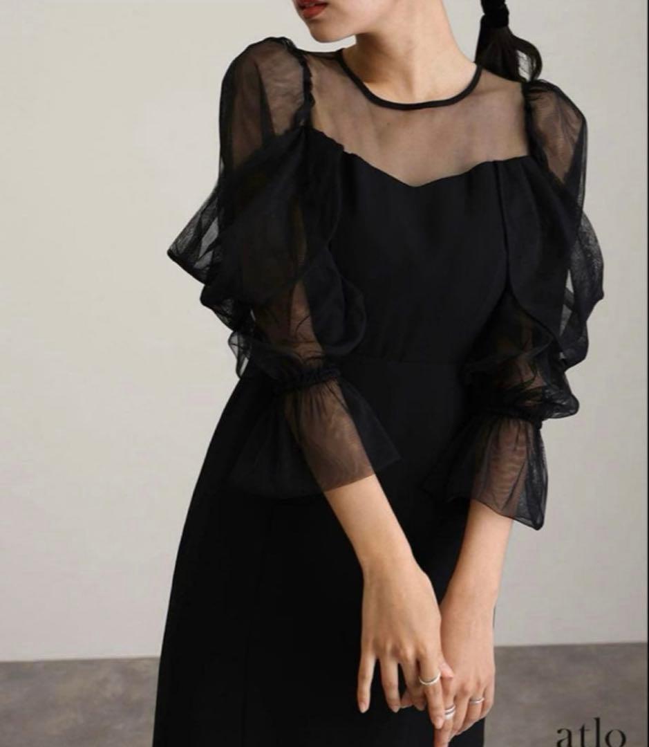 atloシースルー袖 ブラックパーティードレス