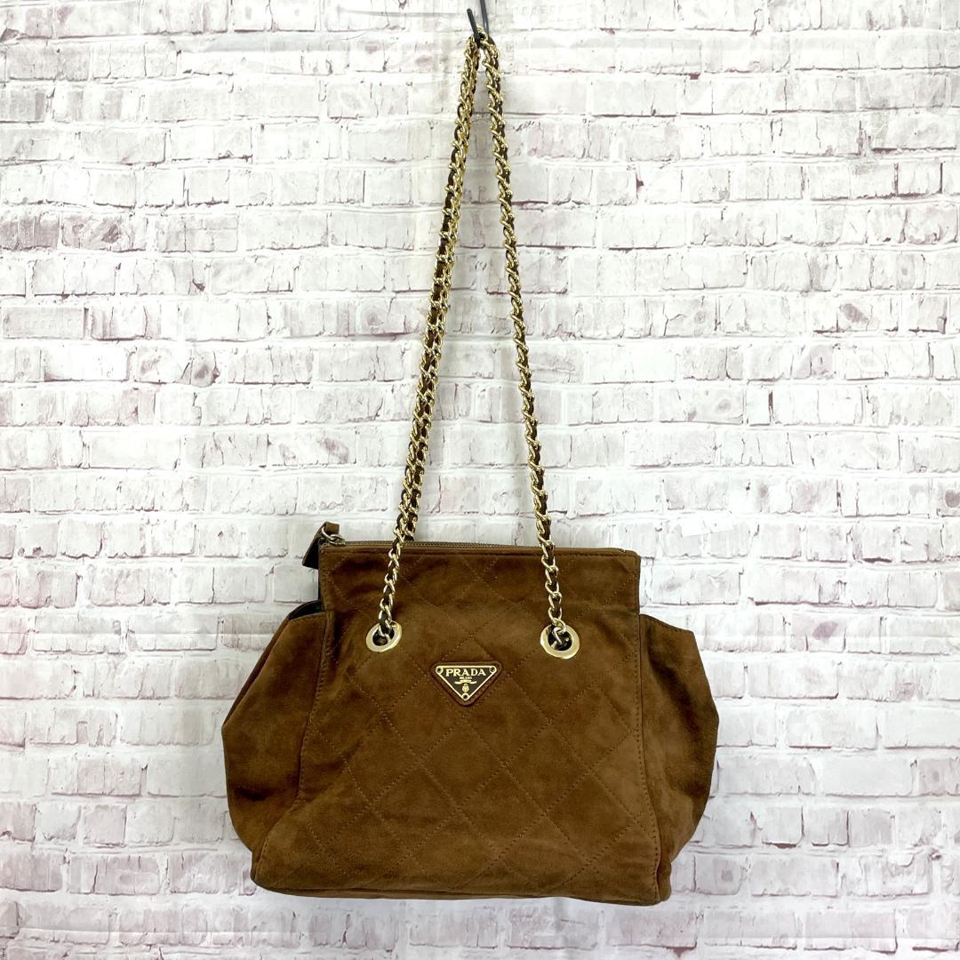 PRADA　キルティング　スエード　チェーンショルダーバッグ　ブラウン　三角ロゴ