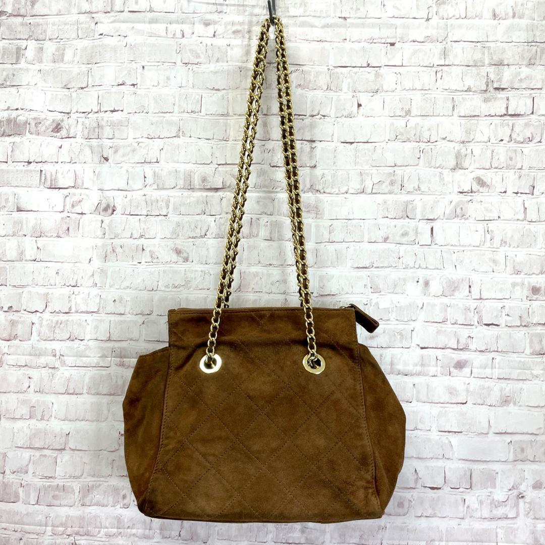 PRADA　キルティング　スエード　チェーンショルダーバッグ　ブラウン　三角ロゴ