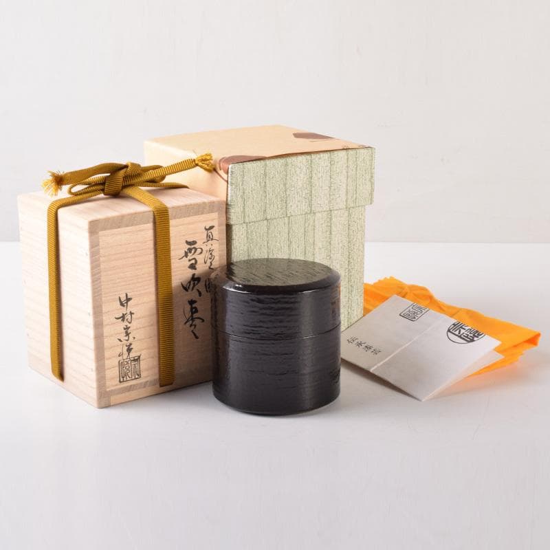 マル　茶道具　山中塗　中村宗悦作　真塗曲　雪吹棗　共布共箱　V　7456