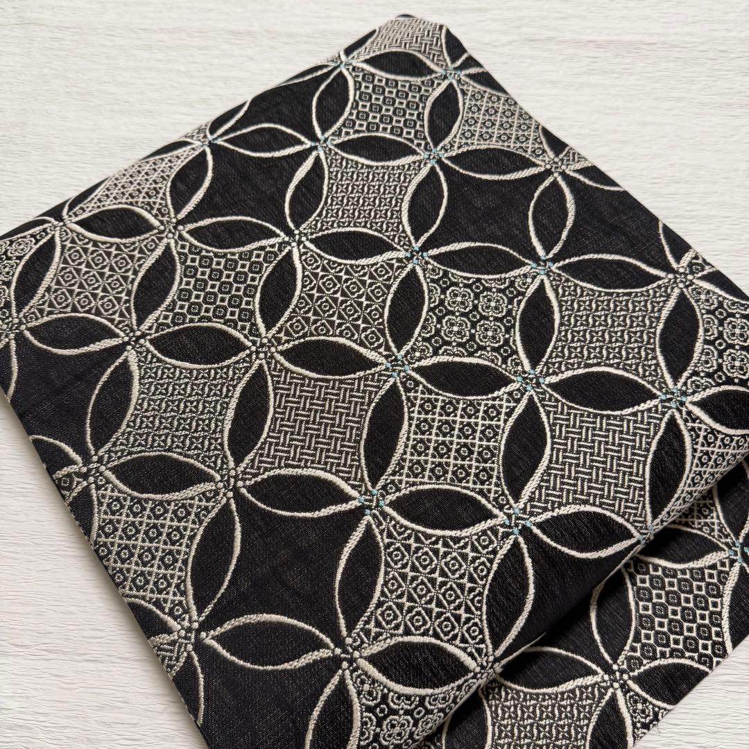 m-99 七宝 名古屋帯 黒地 正絹