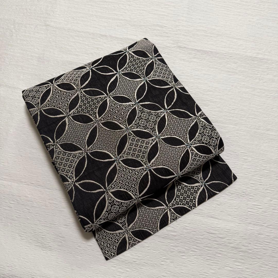 m-99 七宝 名古屋帯 黒地 正絹