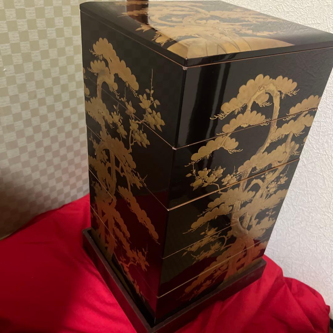 古美術　時代漆器 松蒔絵五段重箱 二枚蓋　箱付
