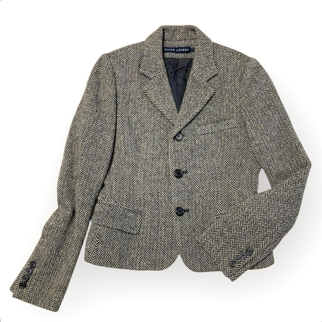 美品 ラルフローレン ヘリンボーン カシミヤツイード テーラードジャケット 黒
