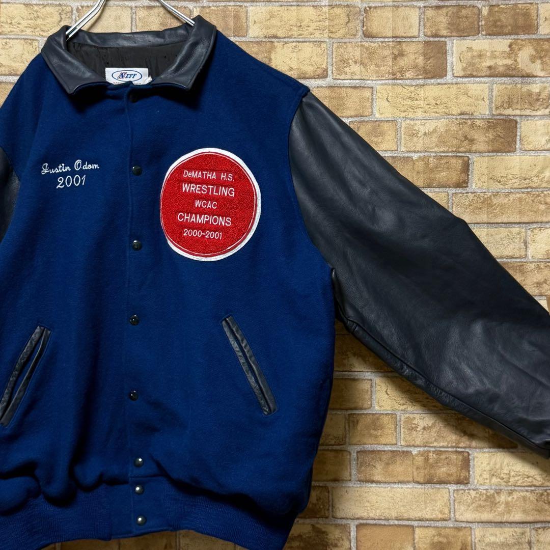 NEFF　ネフ　USA製　袖革ウールスタジャン　レザー　ビッグシルエット3XL.