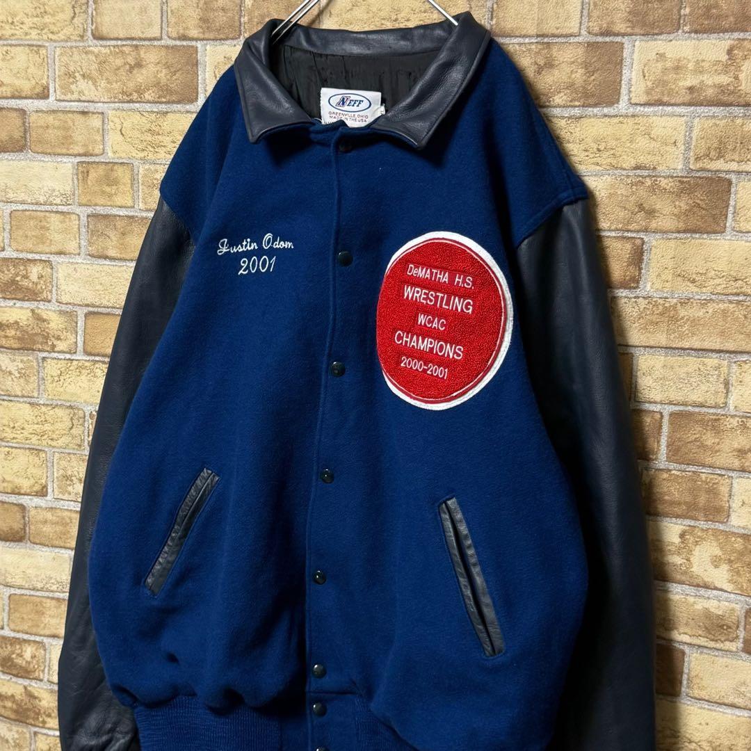 NEFF　ネフ　USA製　袖革ウールスタジャン　レザー　ビッグシルエット3XL.