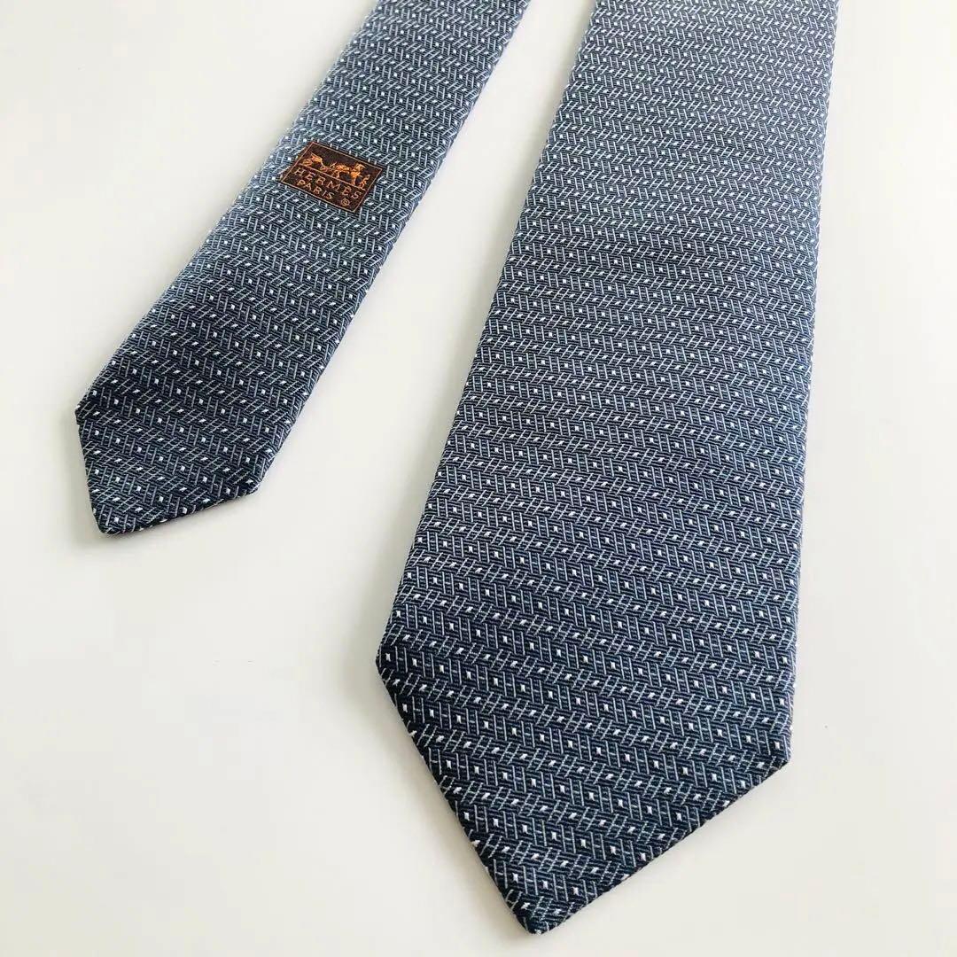 HERMES ネクタイ 紋章柄 ブルーグレー