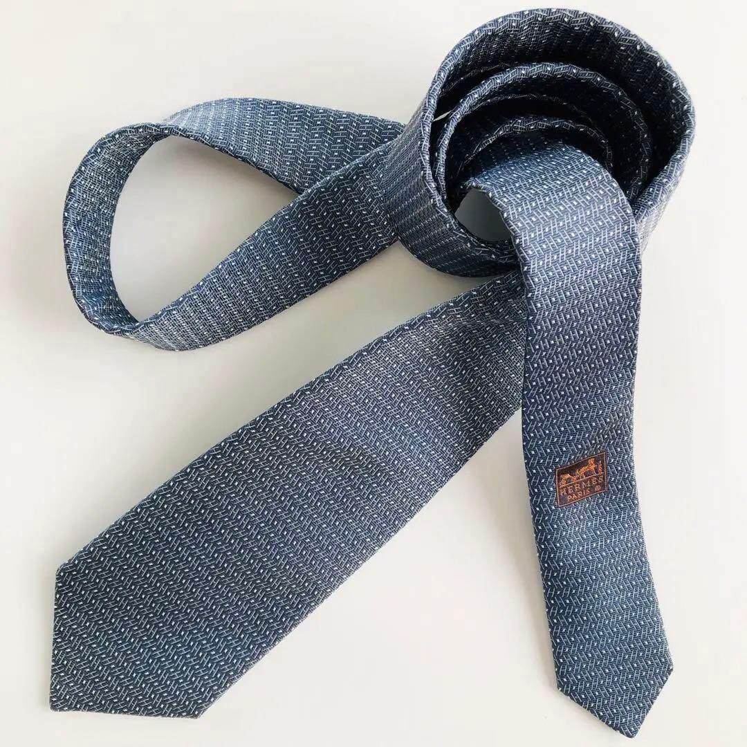 HERMES ネクタイ 紋章柄 ブルーグレー