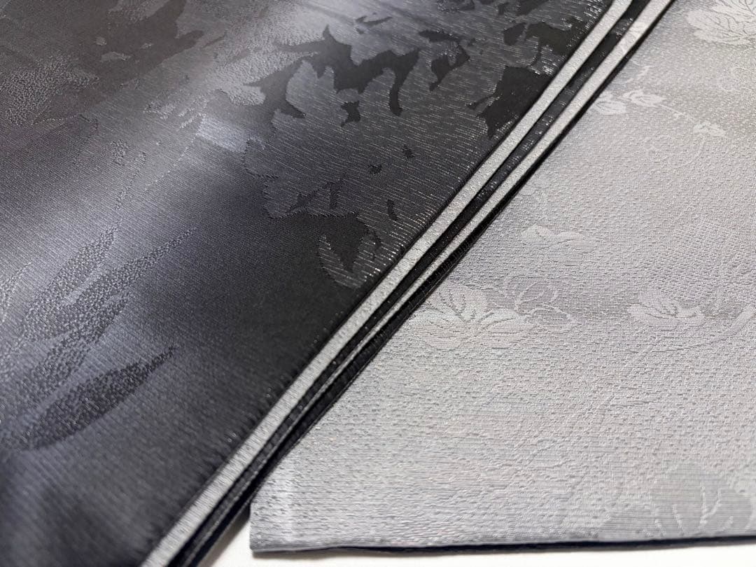 B リーフ模様 銀通し 室華風 作家物 黒 モノトーン シック 正絹 全通 袋帯