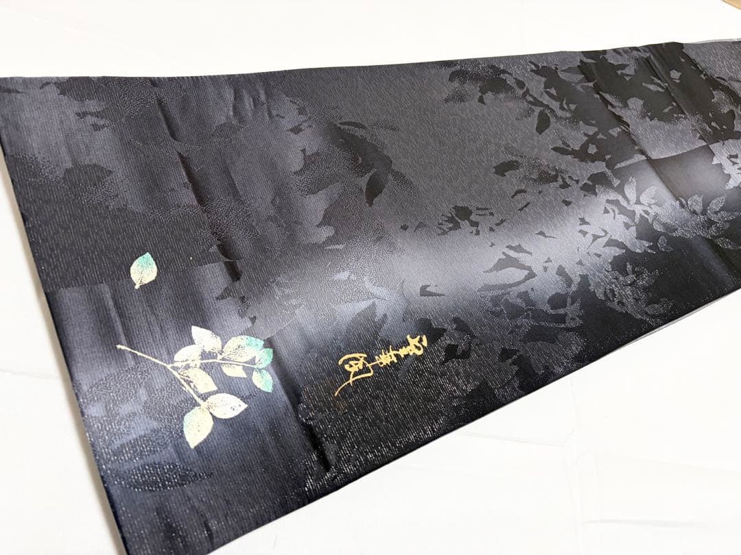 B リーフ模様 銀通し 室華風 作家物 黒 モノトーン シック 正絹 全通 袋帯