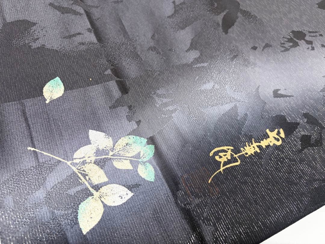 B リーフ模様 銀通し 室華風 作家物 黒 モノトーン シック 正絹 全通 袋帯