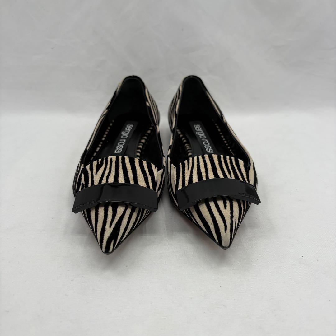 【美品】セルジオロッシ sr1 ゼブラ プレート フラットシューズ 総柄 金具