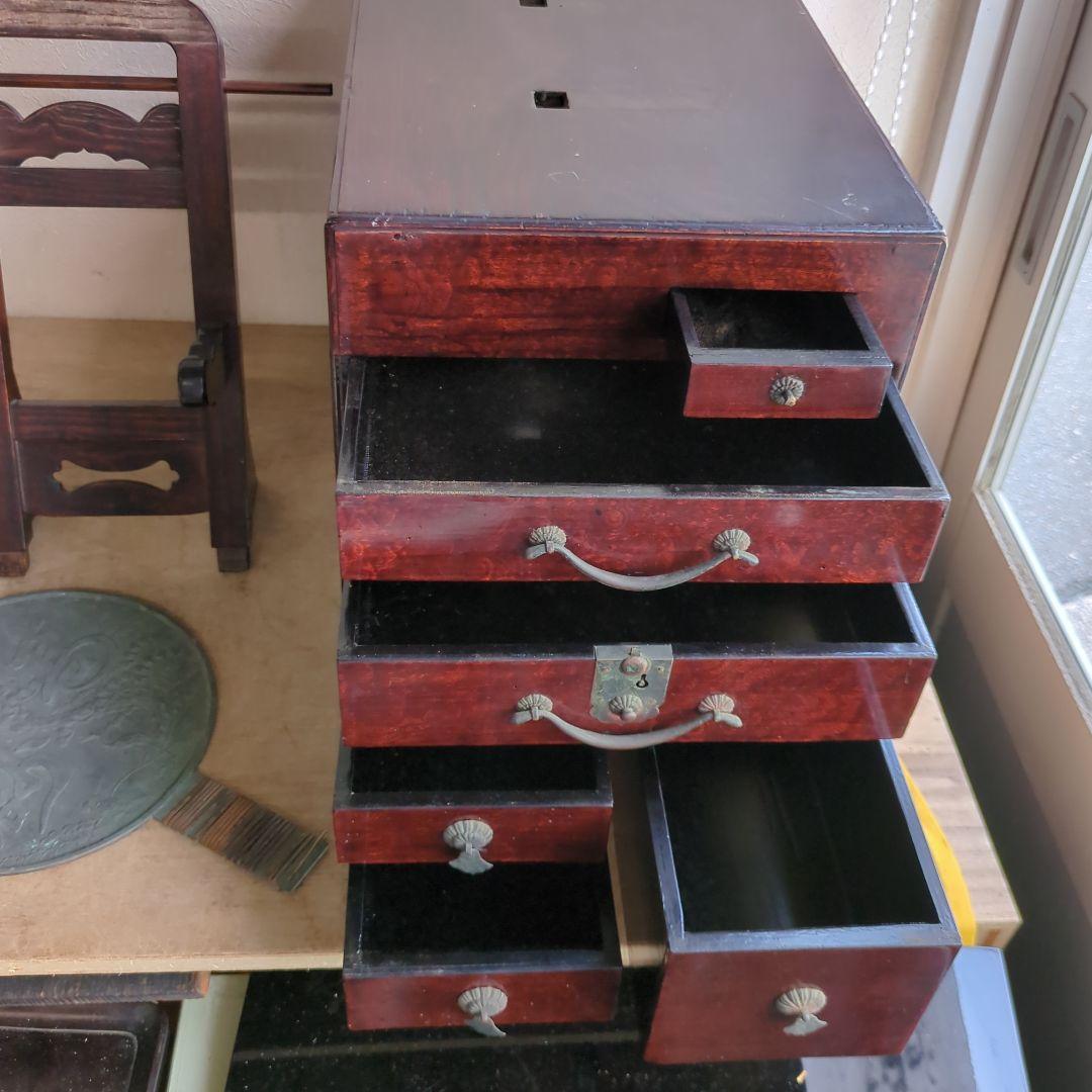 骨董 箪笥 鏡台 引き出し 木製 漆器 鏡立て 時代鏡付 整理箪笥 金具