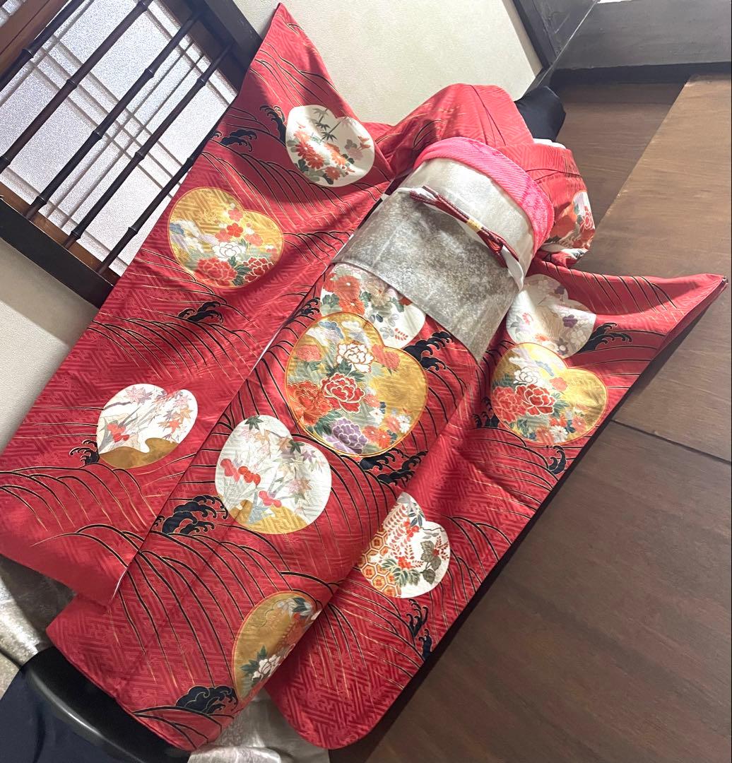 振袖 フルセット6点サイズM〜Ｌ駒刺繍　松竹梅立波花文　金彩　正絹