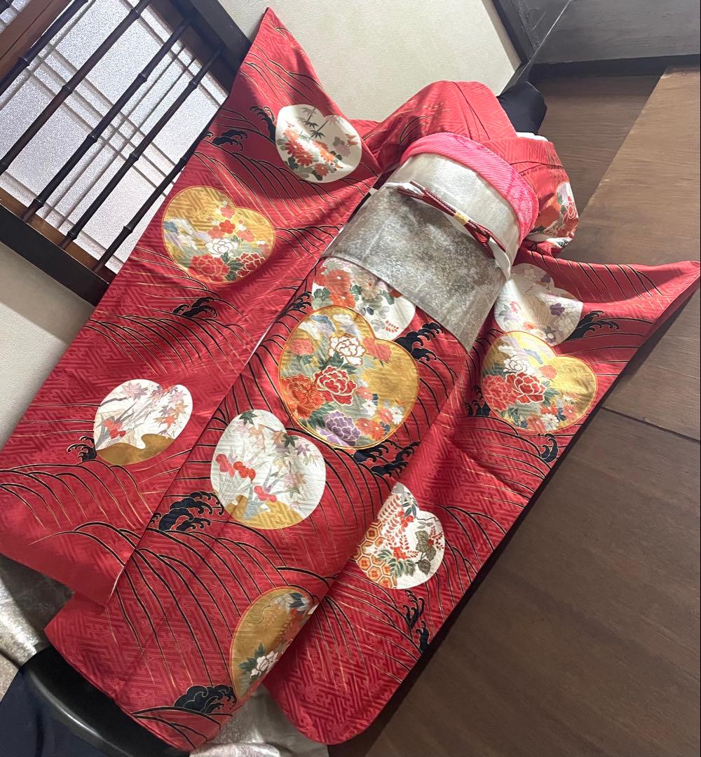 振袖 フルセット6点サイズM〜Ｌ駒刺繍　松竹梅立波花文　金彩　正絹