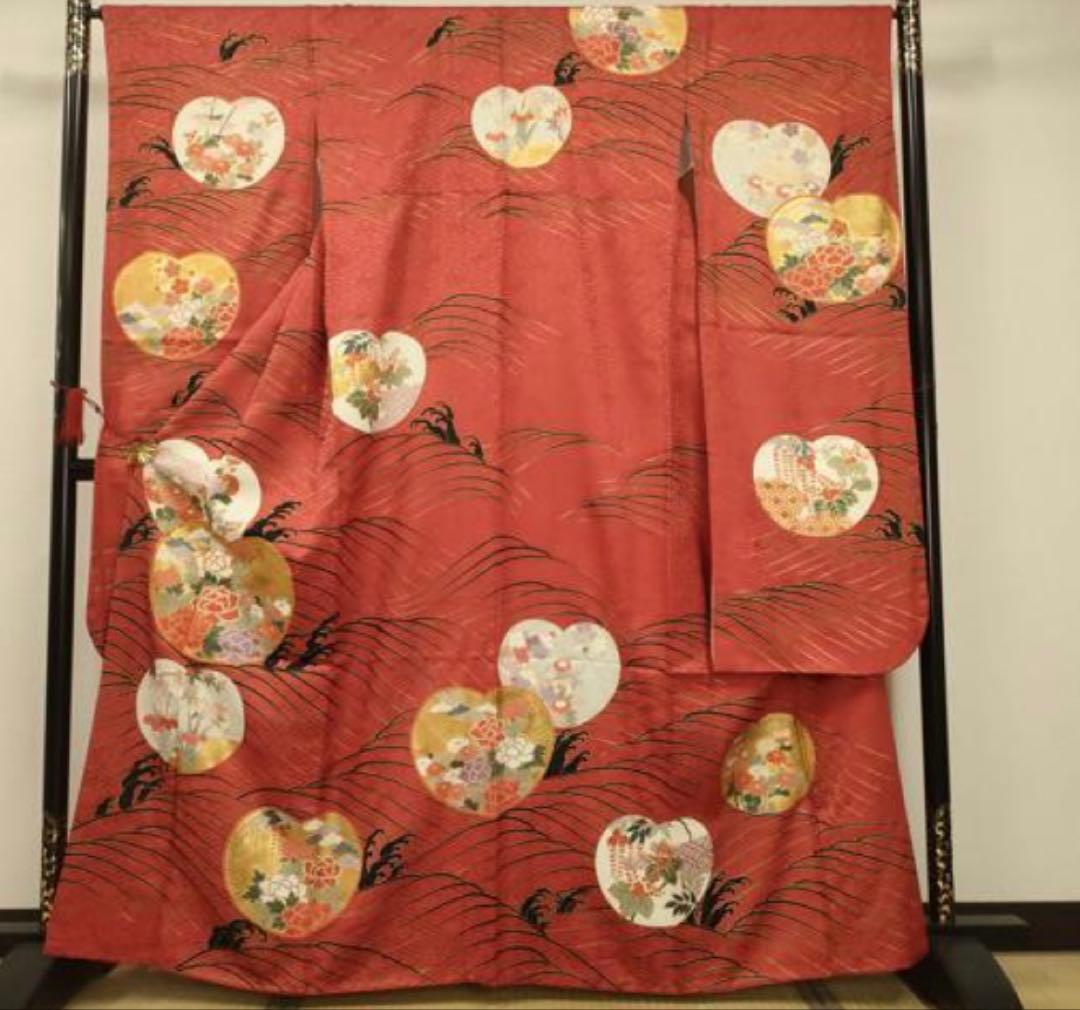 振袖 フルセット6点サイズM〜Ｌ駒刺繍　松竹梅立波花文　金彩　正絹