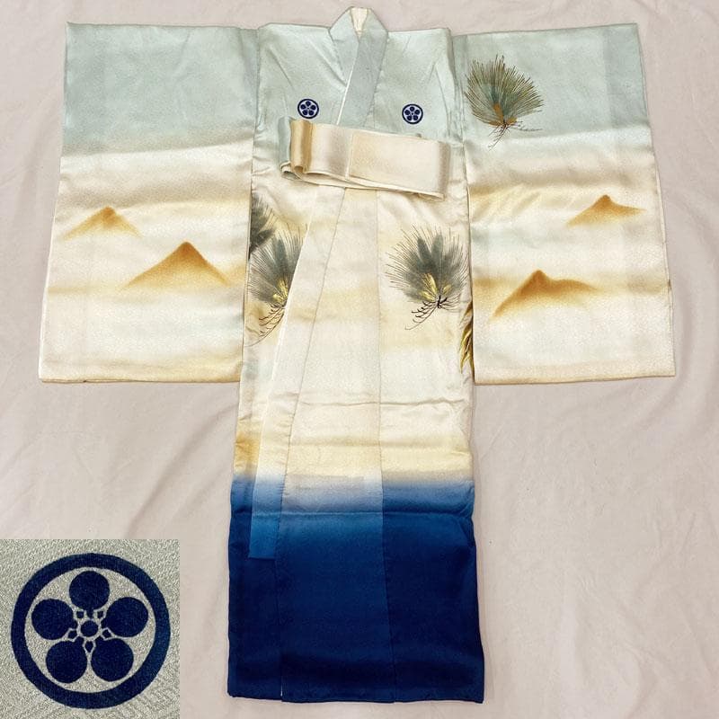 409ay30◎お宮参り 男児 祝い着 着物 掛け着 鶴松 長襦袢付◎美品