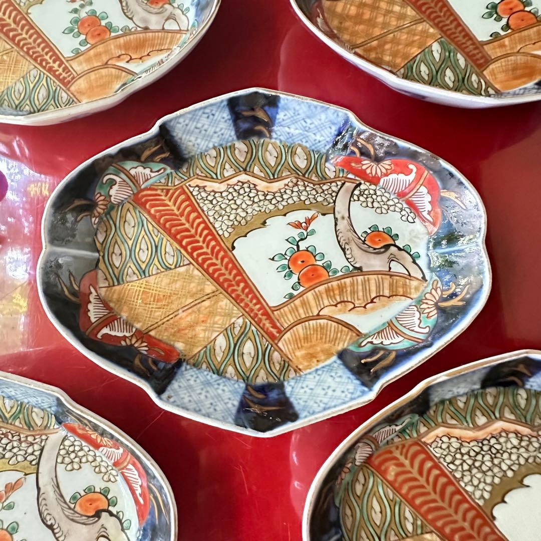 2203様感謝‼️四季にうるわし‼️伊万里錦手若松＆橙＆ふきよせ　兜菱形刺身皿5客