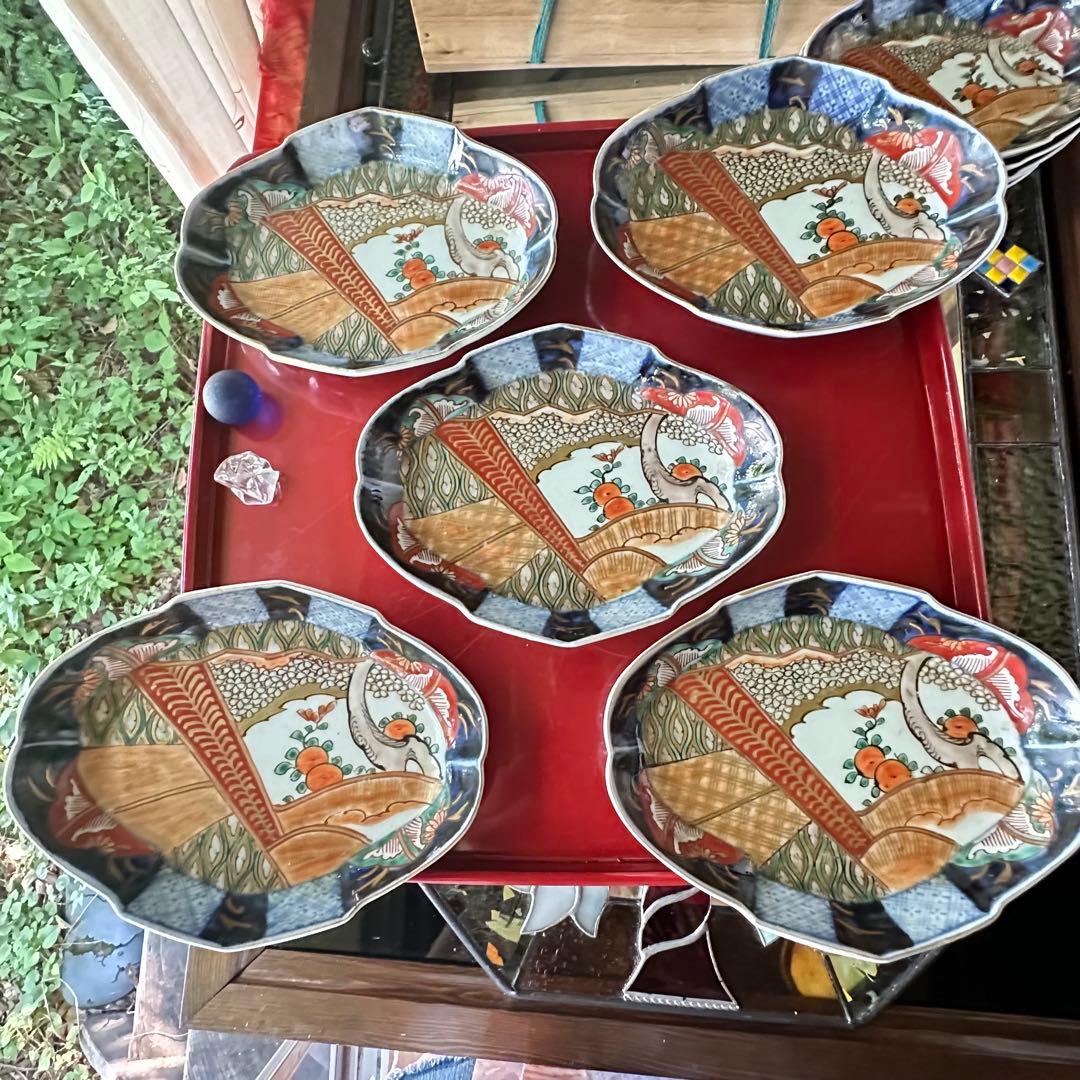 2203様感謝‼️四季にうるわし‼️伊万里錦手若松＆橙＆ふきよせ　兜菱形刺身皿5客