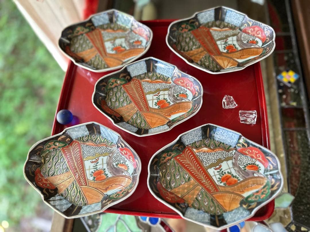 2203様感謝‼️四季にうるわし‼️伊万里錦手若松＆橙＆ふきよせ　兜菱形刺身皿5客