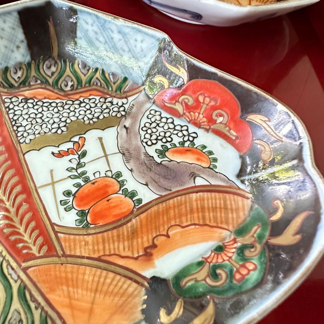 2203様感謝‼️四季にうるわし‼️伊万里錦手若松＆橙＆ふきよせ　兜菱形刺身皿5客