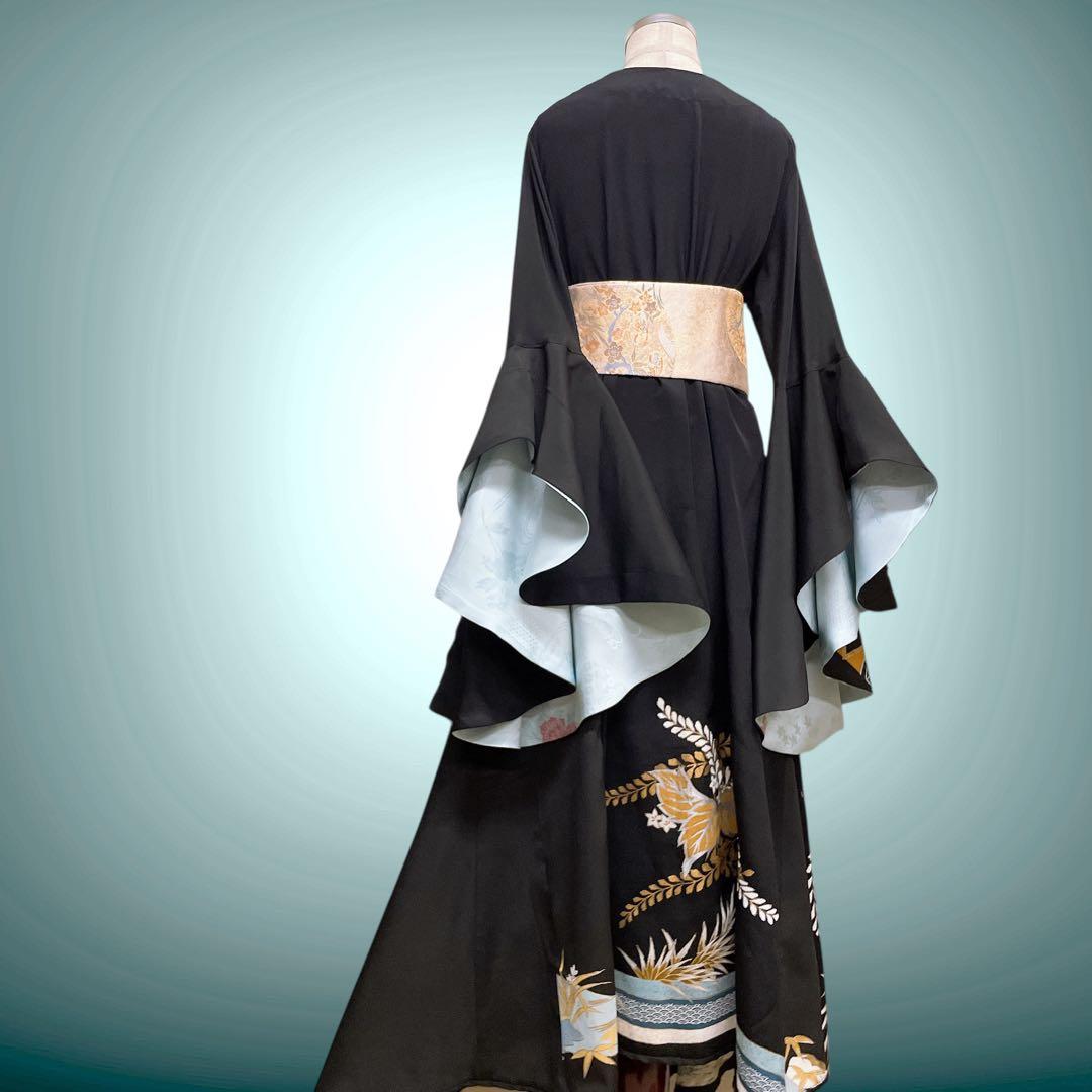 留袖着物ガウン ドレスガウン 羽織 着物リメイク 和装 黒 B80119