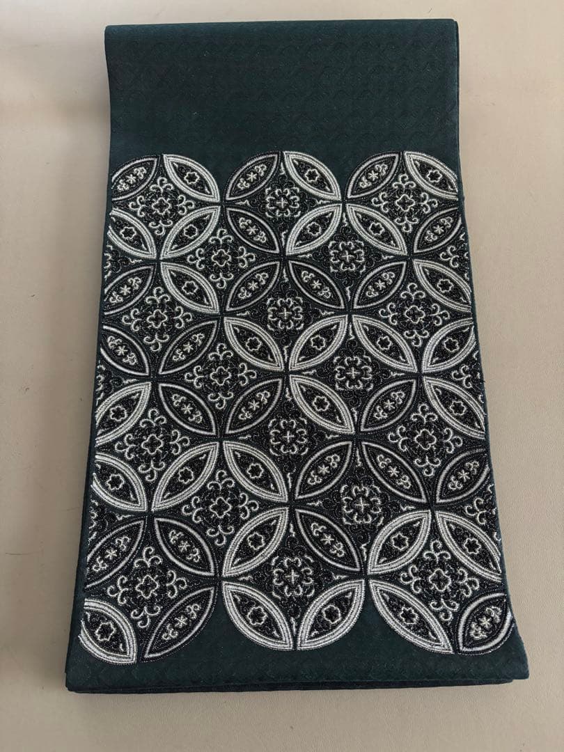 正絹 文様入り 控えめな透け感 袋帯 ビーズ刺繍 七宝丸文