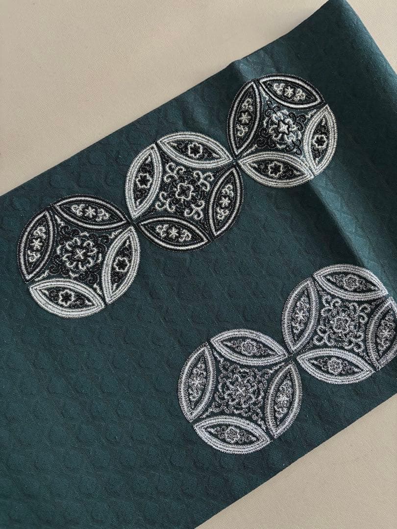 正絹 文様入り 控えめな透け感 袋帯 ビーズ刺繍 七宝丸文