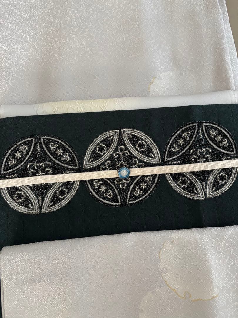 正絹 文様入り 控えめな透け感 袋帯 ビーズ刺繍 七宝丸文