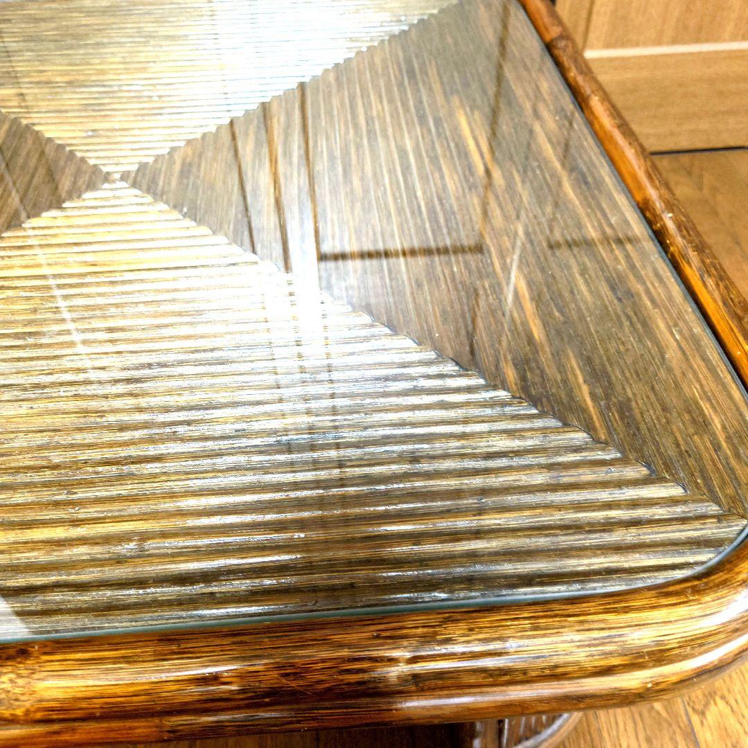 ラタン　籐　座卓　80X80 センターテーブル　ガラス天板　こたつ　ヴィンテージ