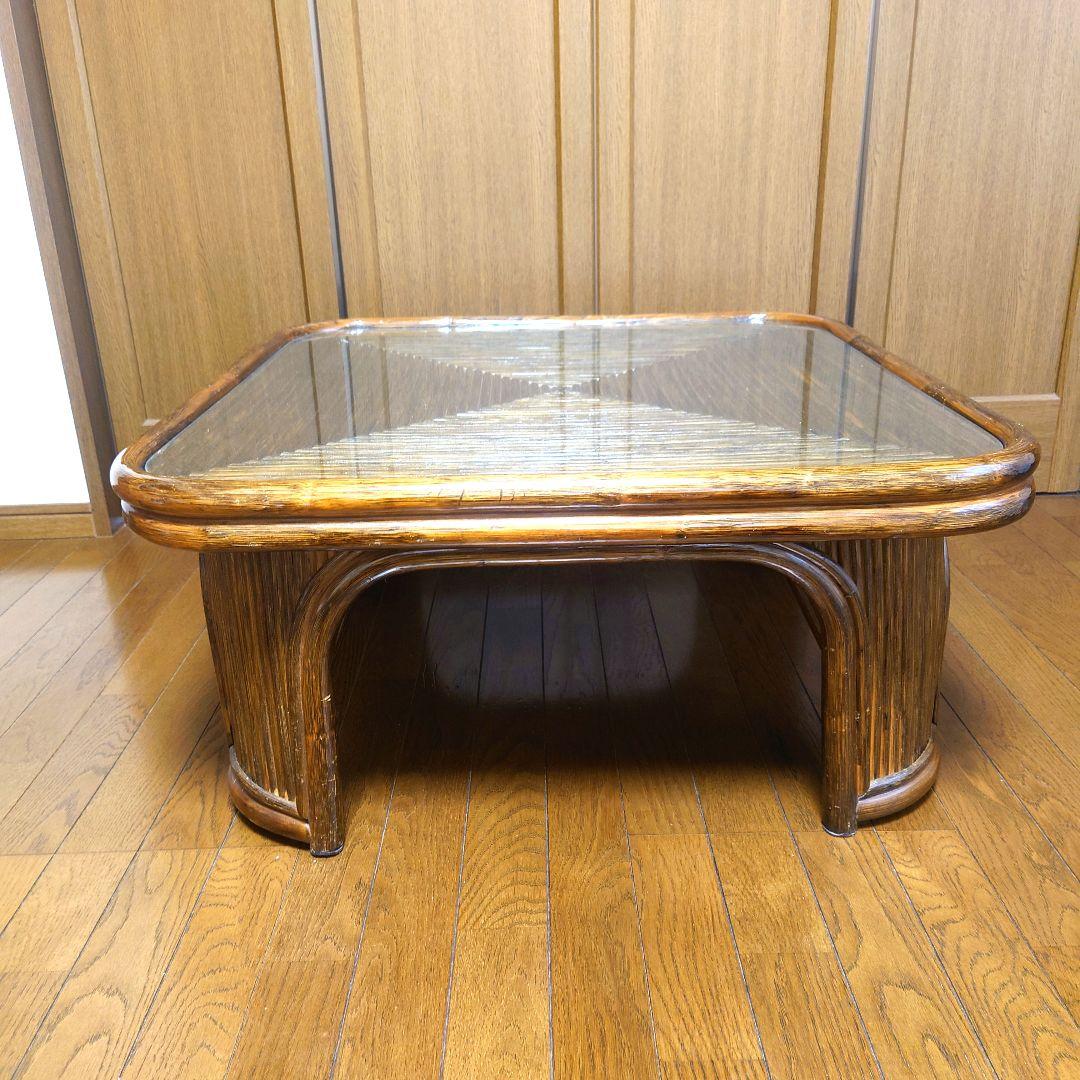 ラタン　籐　座卓　80X80 センターテーブル　ガラス天板　こたつ　ヴィンテージ